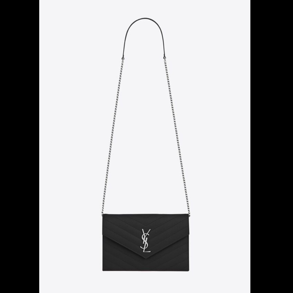 Saint Laurent Black Envelope Chain Wallet in Grain de Poudre Embossed Leather